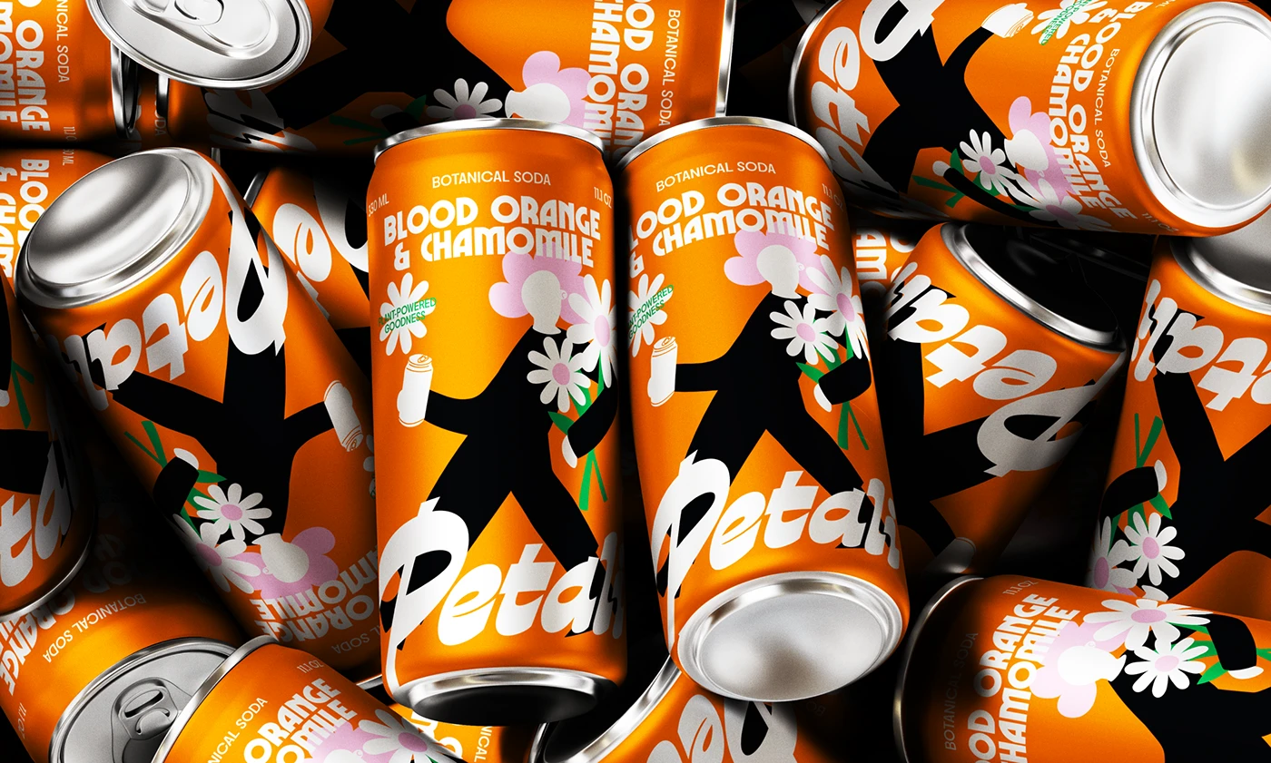 Close-up of Petali Soda cans stacked together—vibrant orange beverage packaging design with retro typography and floral illustration inspired by 70s aesthetics.