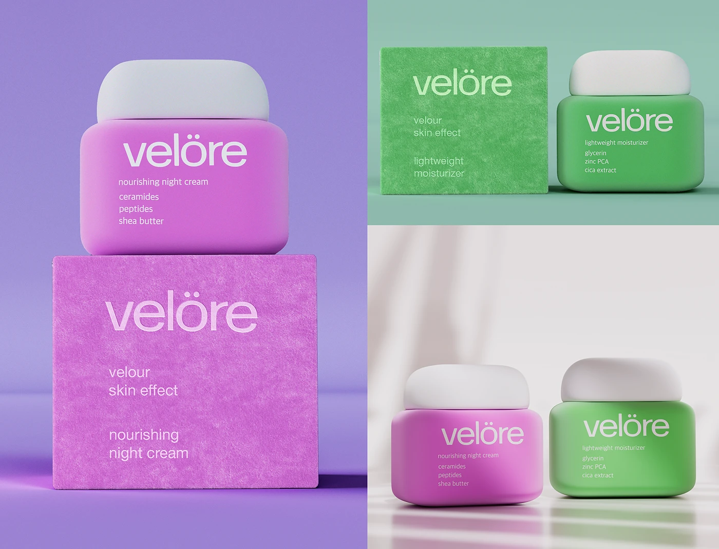 Velöre skincare packaging featuring nourishing night cream and lightweight moisturizer in pink and green jars with matching textured boxes and soft pastel backgrounds.