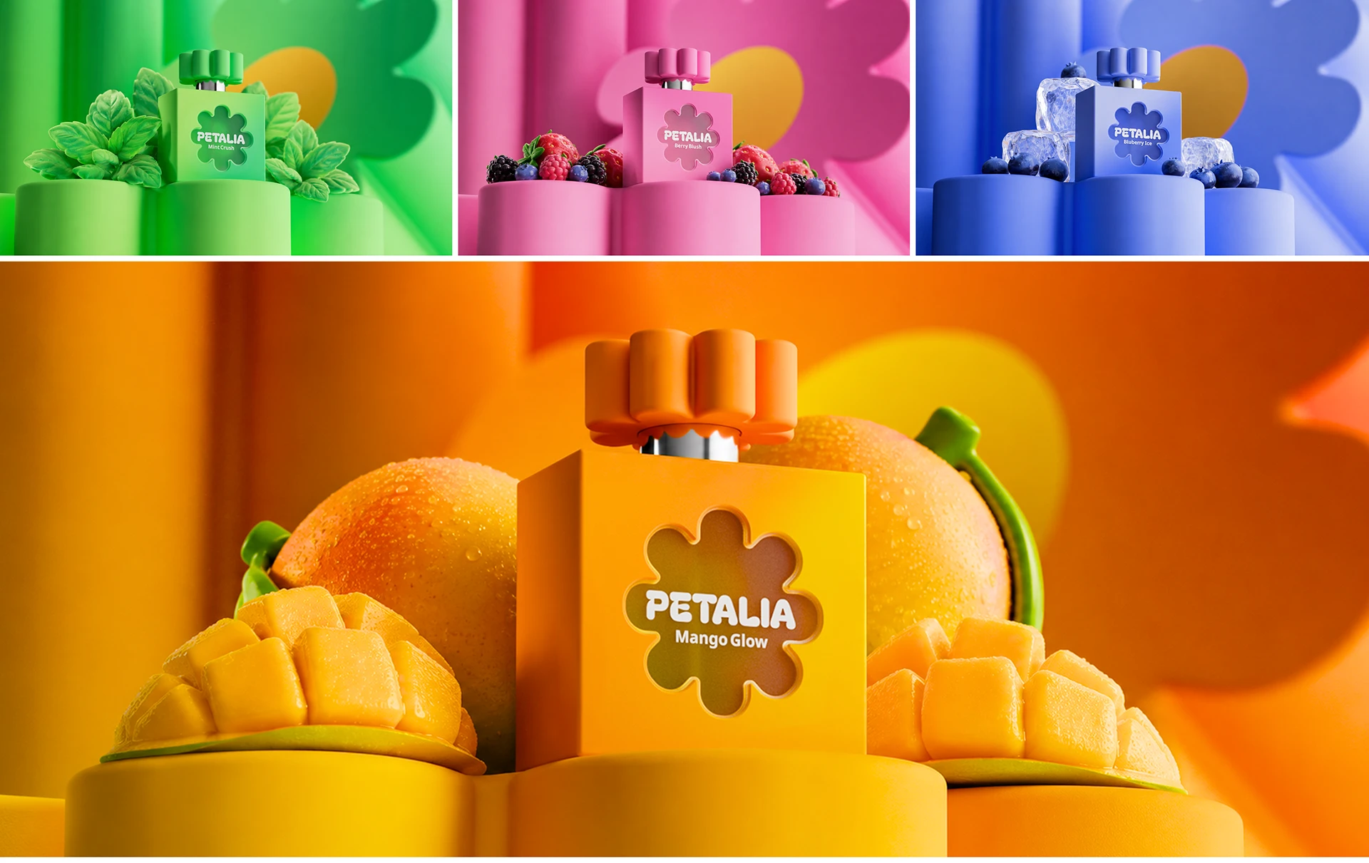 PETALIA fragrance packaging campaign featuring Mint Crush, Berry Blush, Blueberry Ice, and Mango Glow bottles styled with fruit, ice, leaves, and saturated color backgrounds.