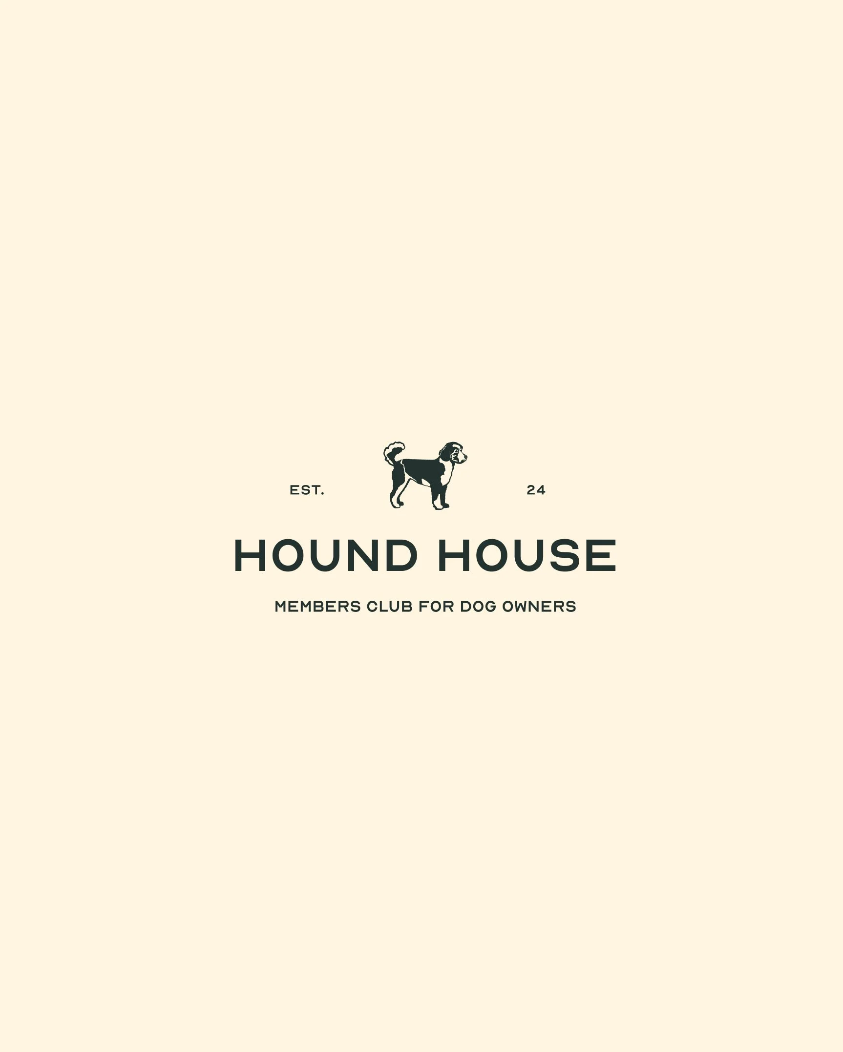 Minimal Hound House logo on a cream background reading “Members Club for Dog Owners,” showcasing a refined pet hospitality brand identity.