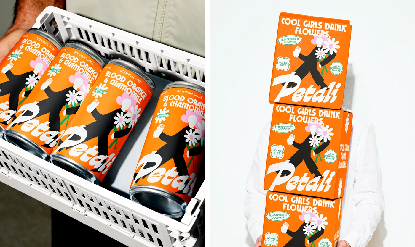 Petali Soda cans displayed in a white crate beside stacked orange boxes with floral graphics—modern beverage packaging design blending bold typography and lifestyle visuals.