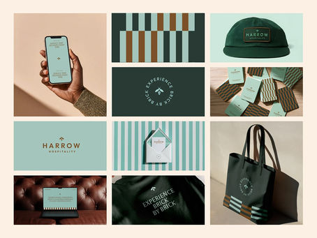 A comprehensive brand identity system for Harrow Hospitality Group by Kevin Craft, featuring a grid of sage green and earth-tone designs including business cards, a logo with a bee icon, patterned stationery, and branded apparel.