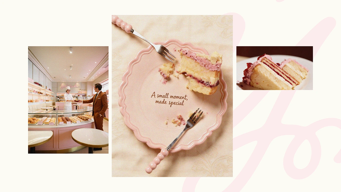 Ypletaiki café interior and dessert photography collage featuring pastel cake slices, boutique pastry display, and refined sweet shop brand storytelling.