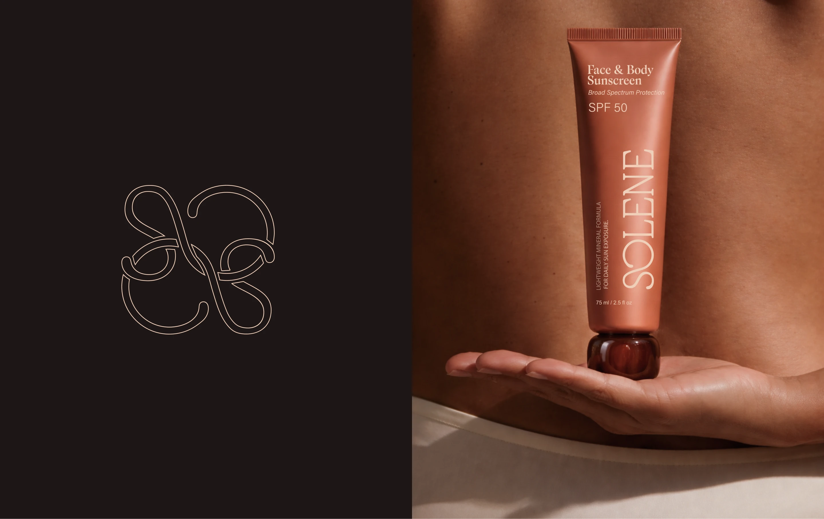 Solene SPF face and body sunscreen tube shown in a split layout with custom flower mark, warm skin-toned photography, and refined sun care packaging.