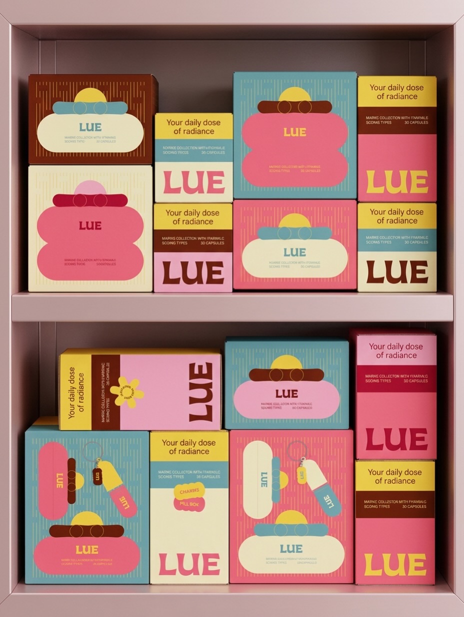 Retail shelf display of colorful LUE collagen cosmetic packaging boxes arranged in pink, blue, cream, yellow, and brown with bold typography and graphic shapes.