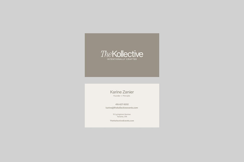 Minimal business card design for The Kollective featuring a warm stone and linen color palette, centered typography, and a refined event consultancy logo.