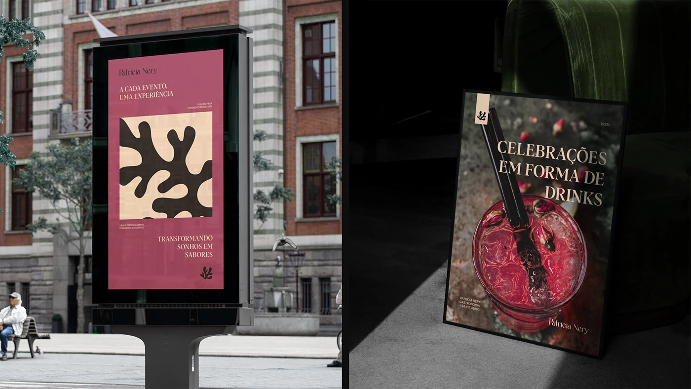 Patrícia Nery culinary chef brand identity outdoor and poster design featuring organic coral motif, editorial typography, and gastronomy photography with cocktails.