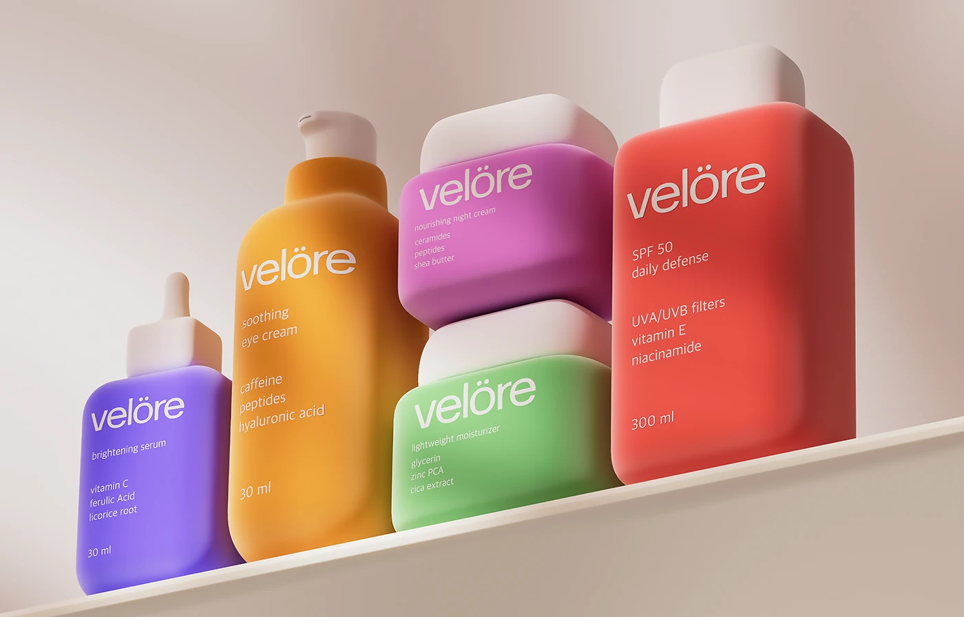 Velöre skincare packaging design featuring colorful rounded bottles and jars displayed on a soft shelf, with minimalist white typography and a bright product color system.