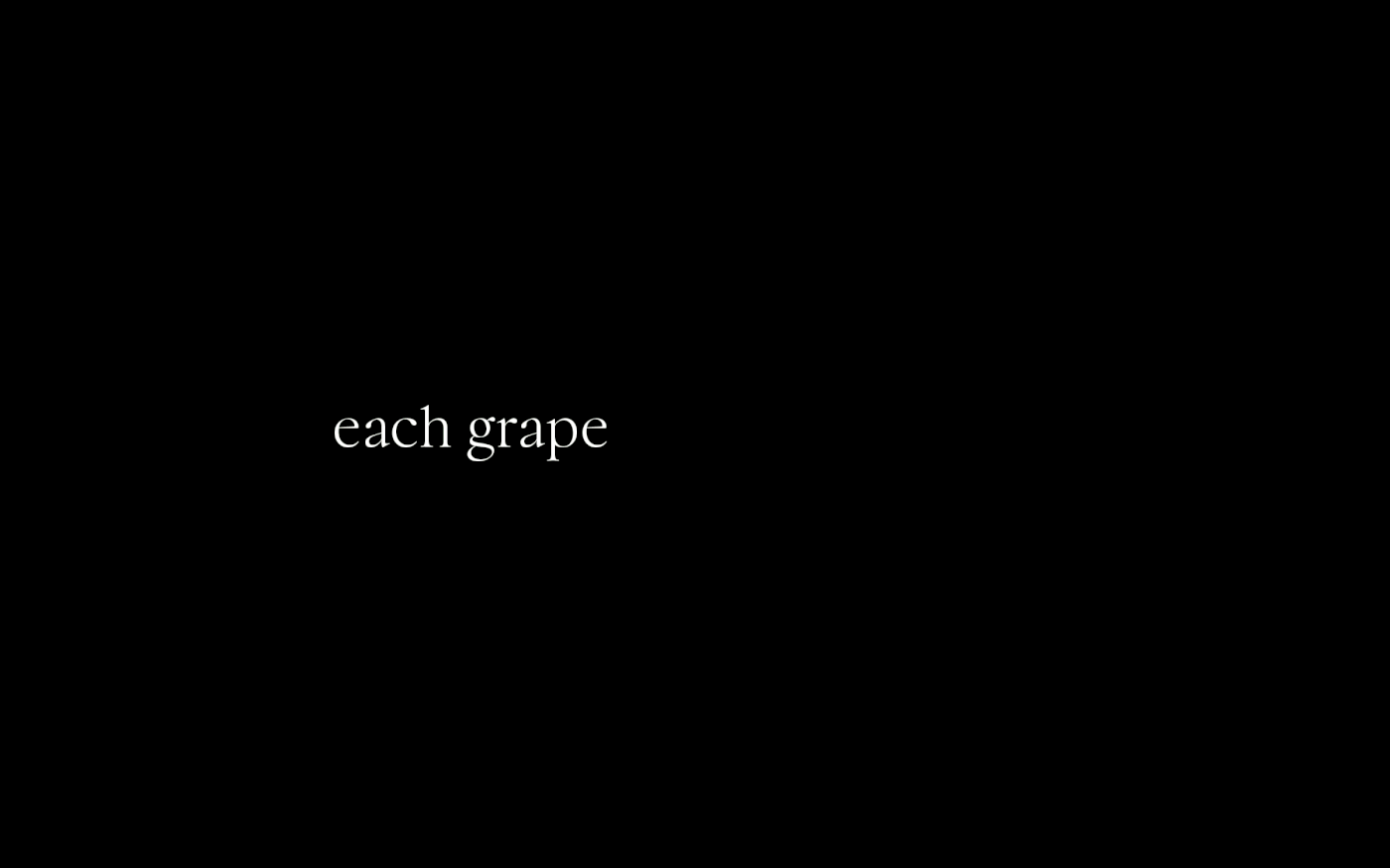 A minimalist brand animation featuring a glowing, translucent cross-section of a grape showing its internal seeds and fibers, overlaid with the serif text 'each grape has its own story' against a black background.