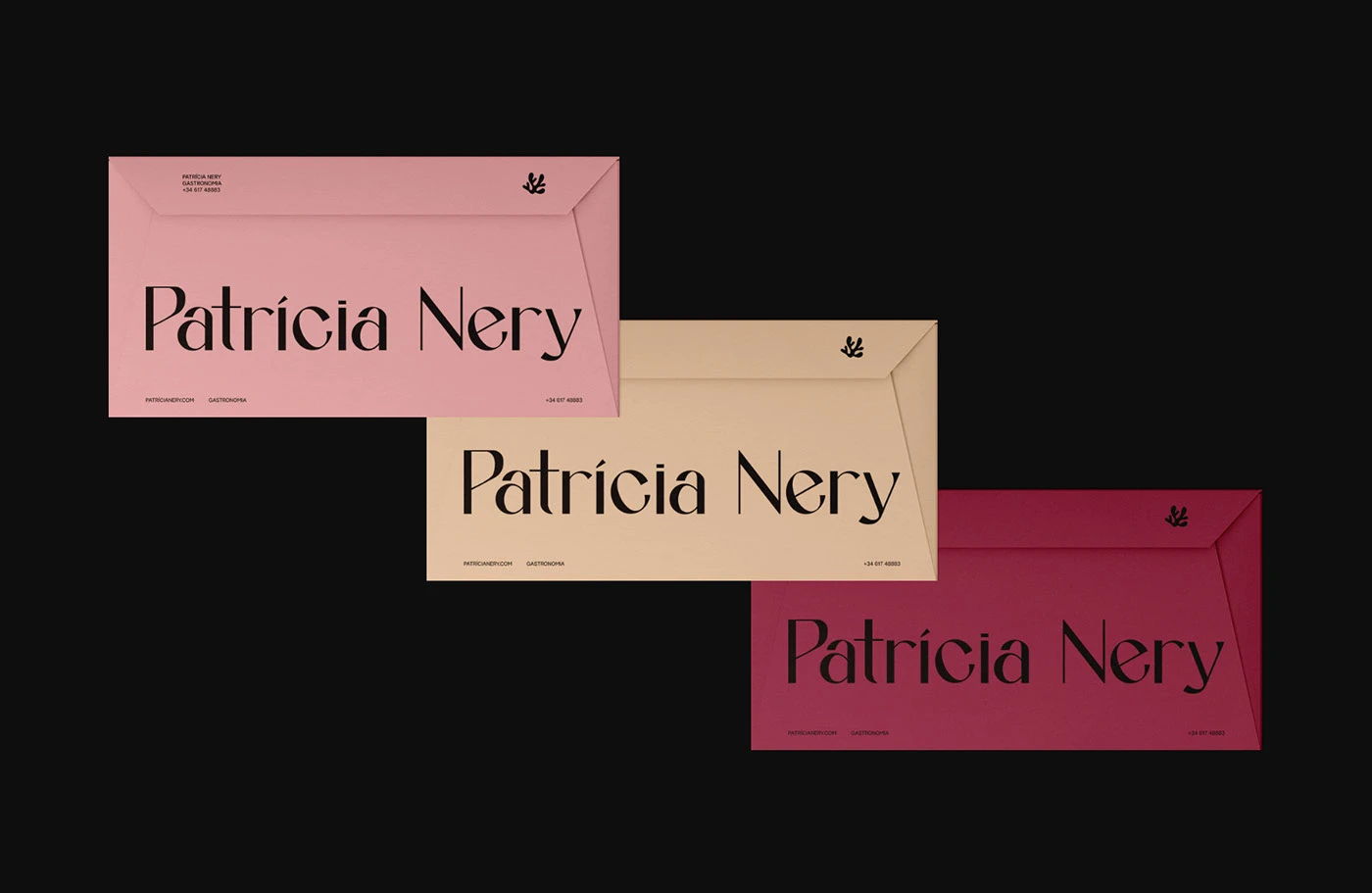 Patrícia Nery culinary chef brand identity envelope design variations in pink, beige, and deep red with editorial typography and modern gastronomy branding.