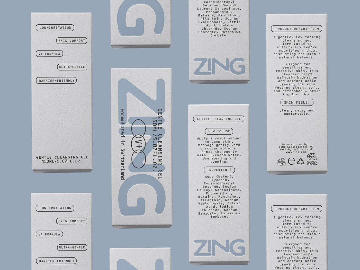ZING skincare packaging boxes displayed in a grid layout, featuring textured white paper, pale blue logo graphics, ingredient panels, and minimal black typography.