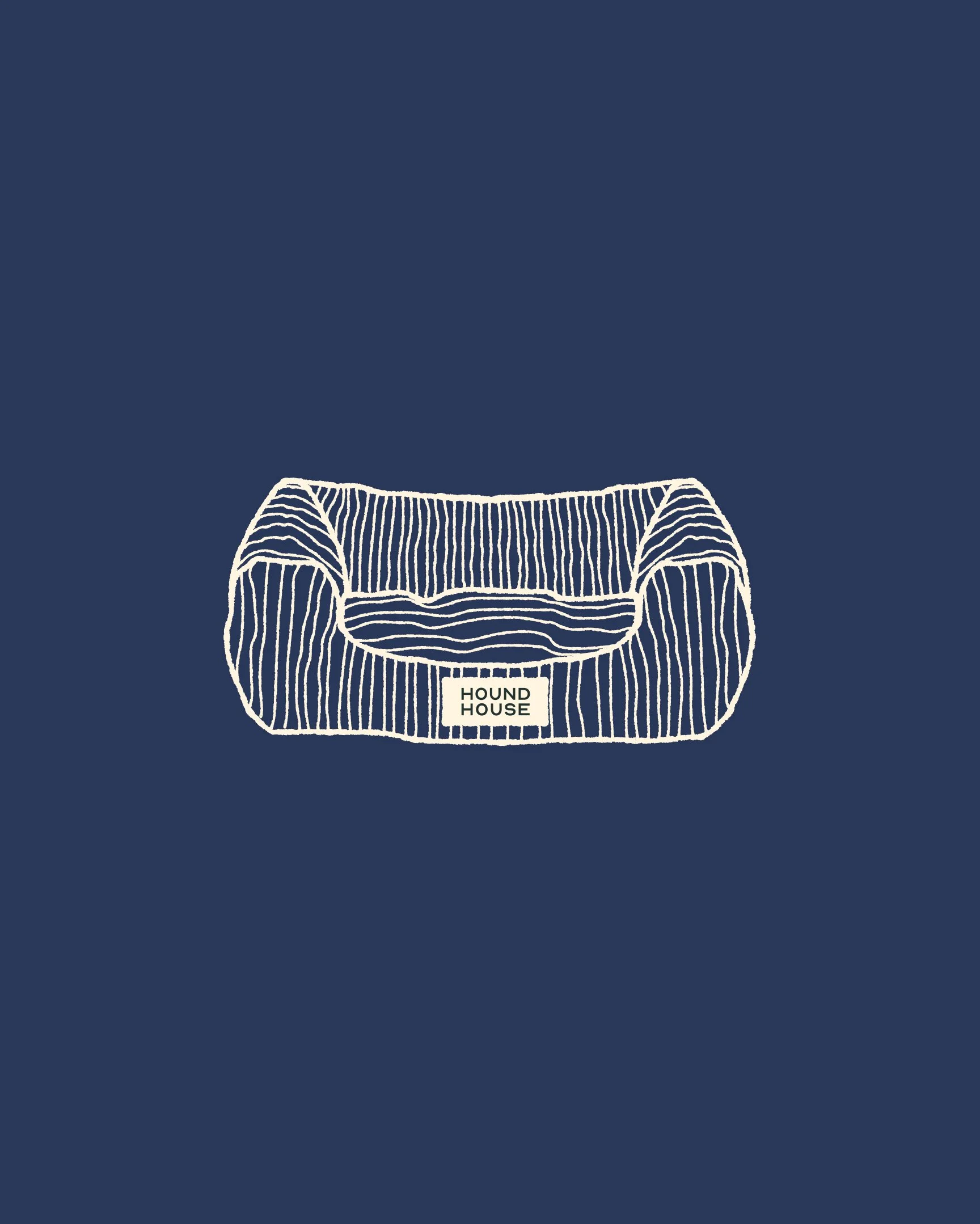 Illustrated dog bed with Hound House label on a blue background, representing custom illustration and product concepts for a private pet social club brand identity.