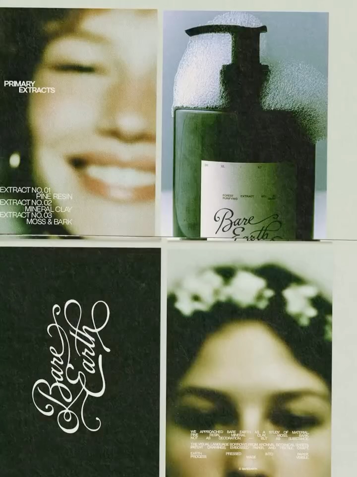 Botanical skincare brand identity for Bare Earth featuring expressive calligraphy logo design with botanical illustrations and vintage lace-inspired textures on natural paper background.