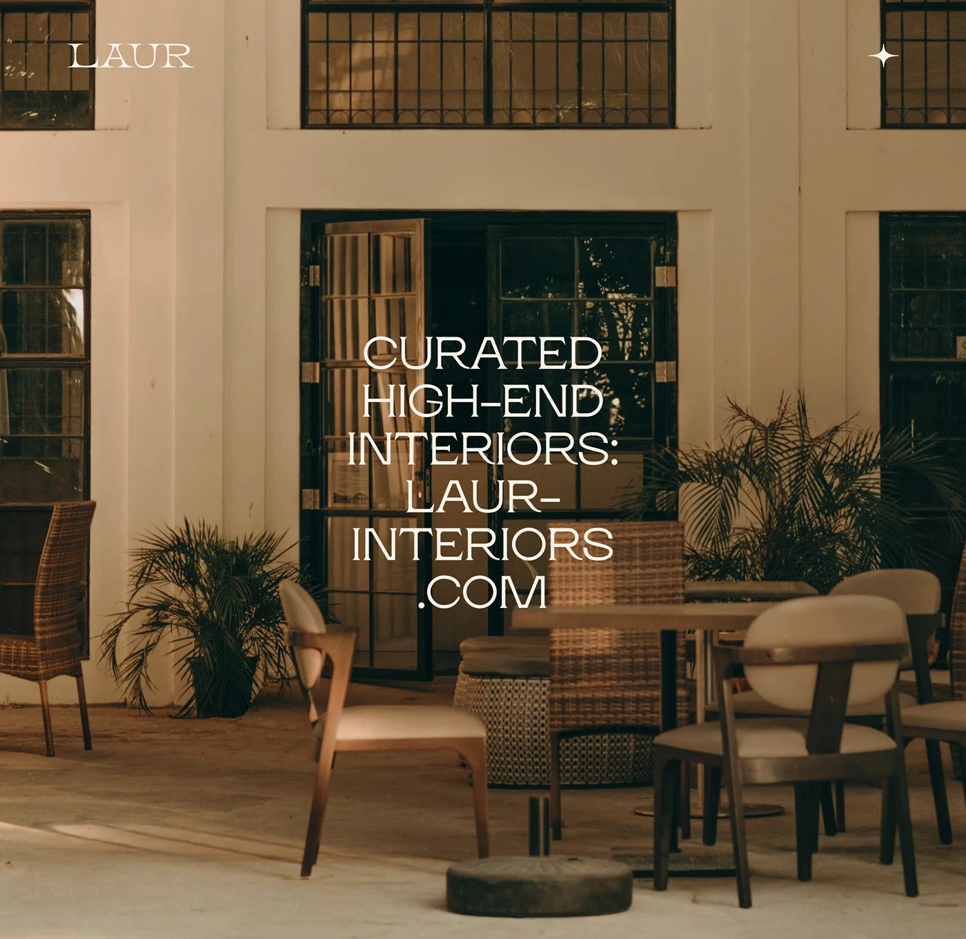 Outdoor seating and architectural branding for Laur Interior Design Studio, featuring minimalist logo design, modern serif typography, and organic lighting that highlights high-end interiors.