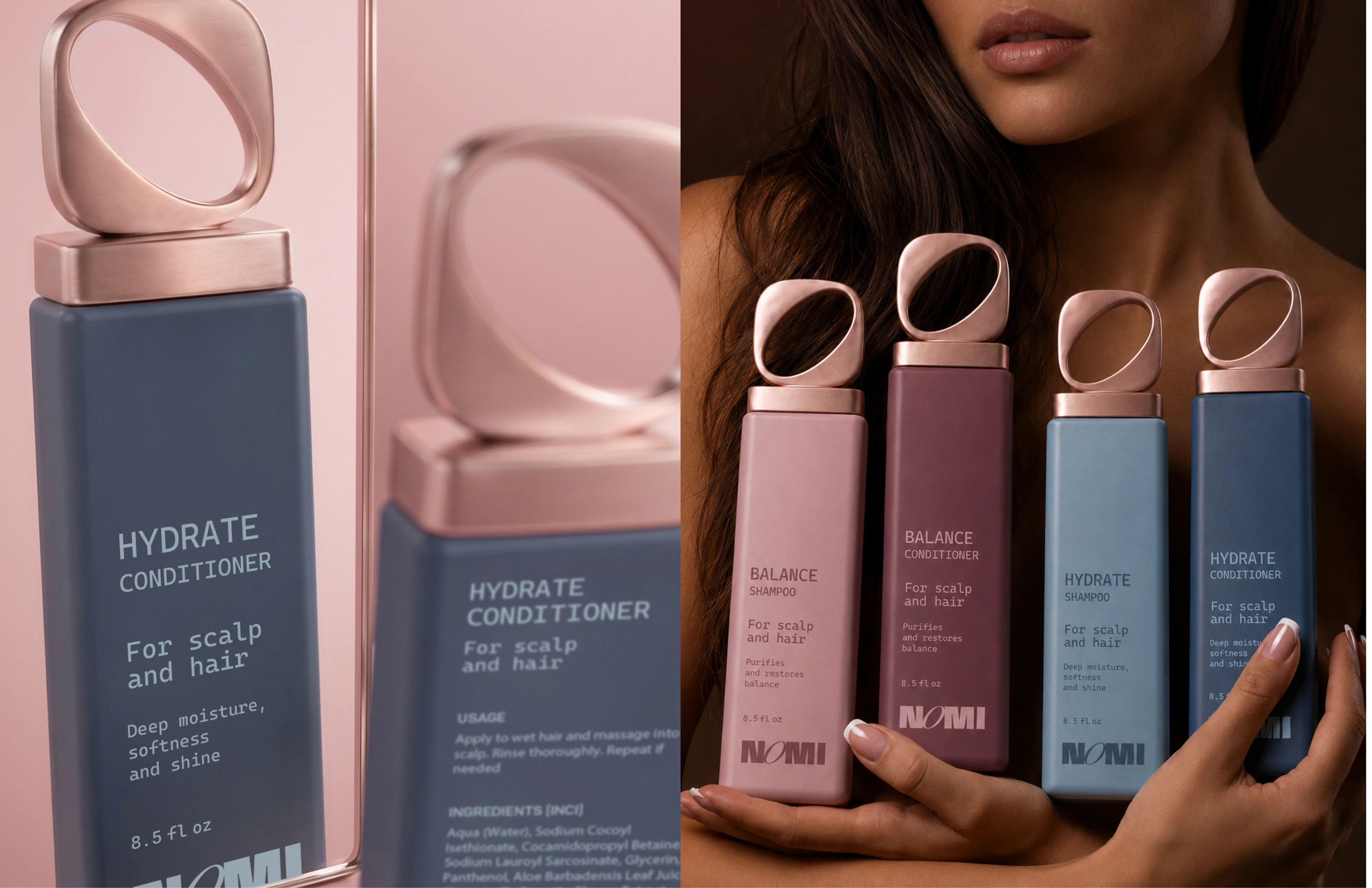 Close-up of NOMI Hydrate Conditioner packaging beside a woman presenting Balance and Hydrate shampoo and conditioner bottles.