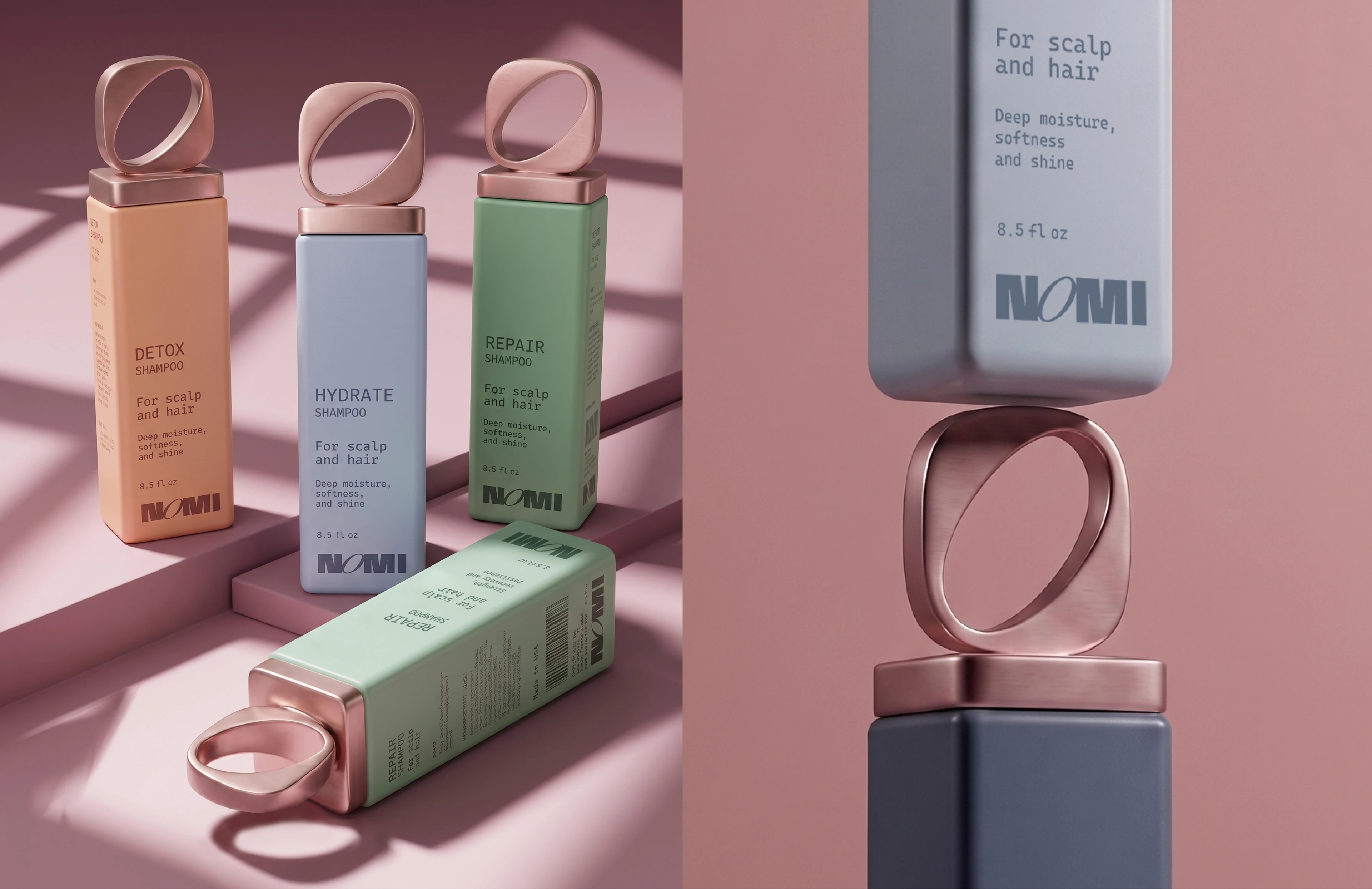 Pastel NOMI shampoo bottles arranged on pink platforms beside a close-up of the sculptural rose-gold cap.