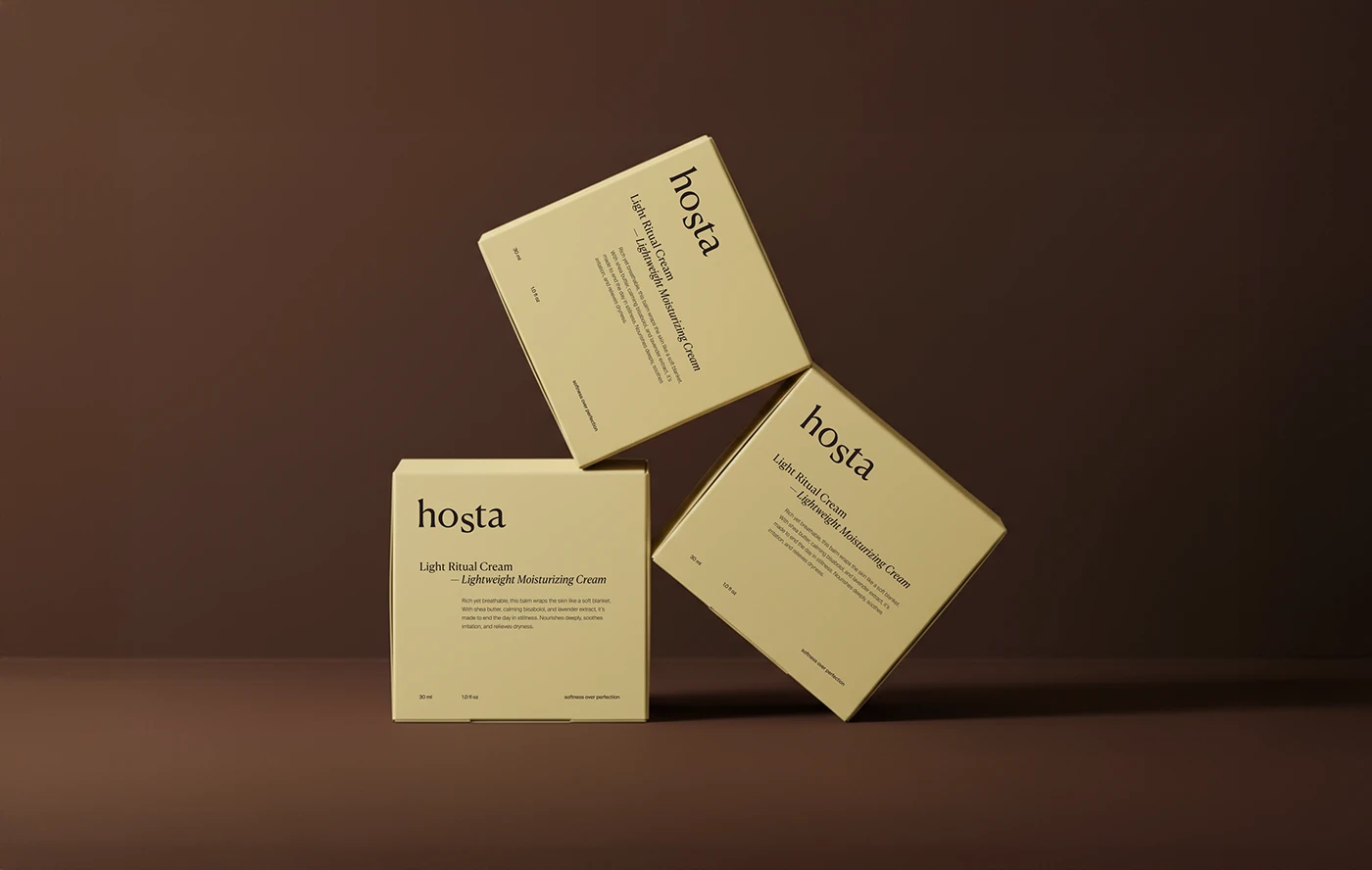 Hosta skincare carton packaging design featuring three minimalist olive cream boxes arranged against deep brown backdrop, highlighting refined typography and structured cosmetic packaging system by Anastasiia Mironova.