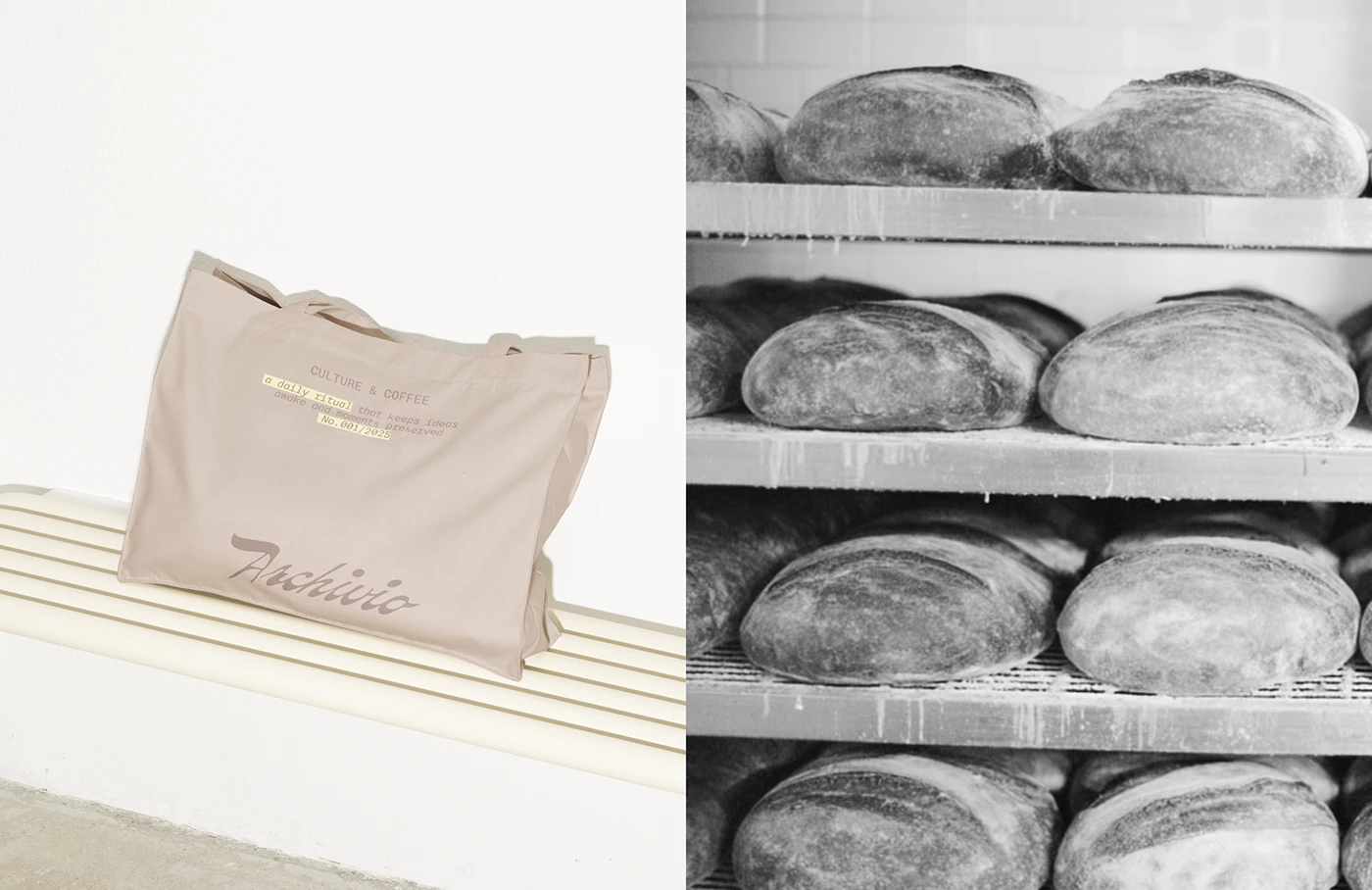 Archivio Coffee Cultura branded canvas tote bag featuring script logo and archival tagline styled alongside black and white bakery bread photography.