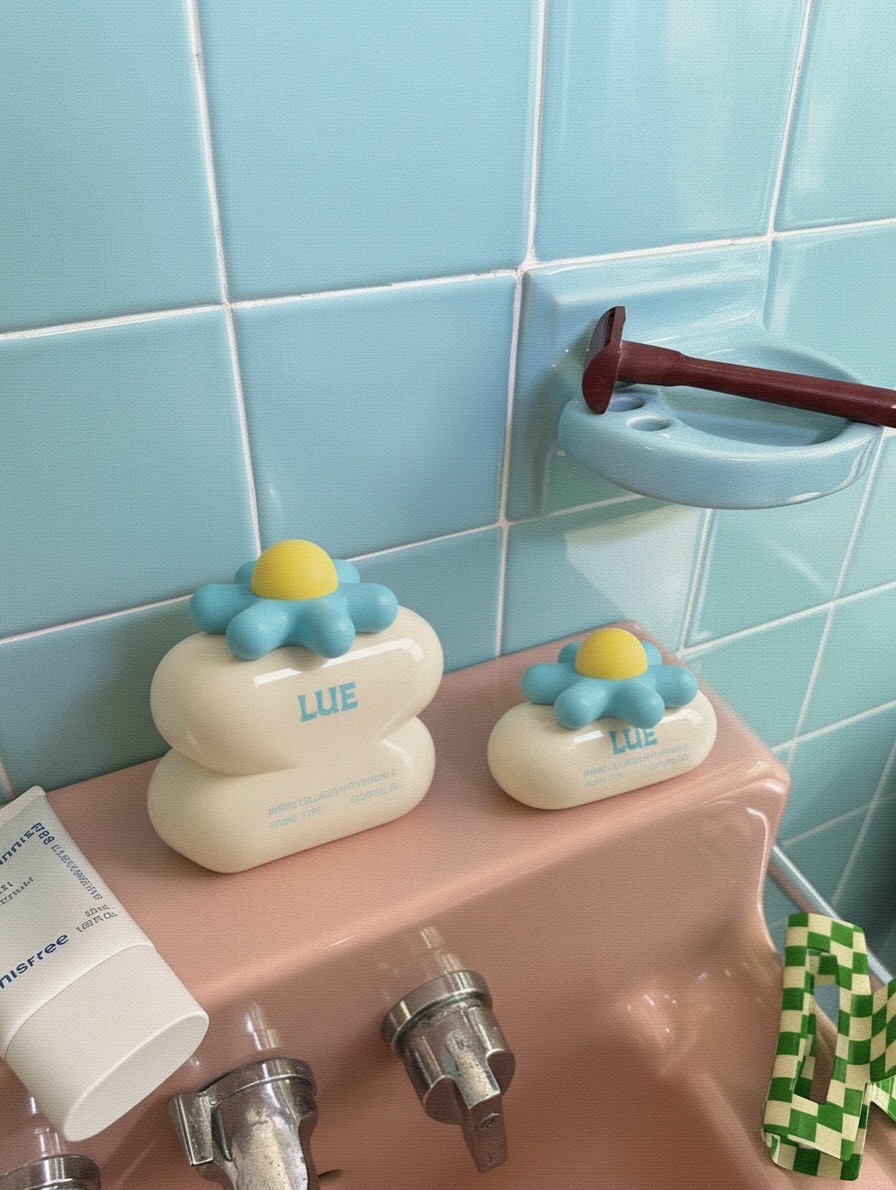 Two cream LUE collagen cosmetic vessels styled on a pink bathroom sink with blue tile, playful flower-like caps, and soft pastel product details.