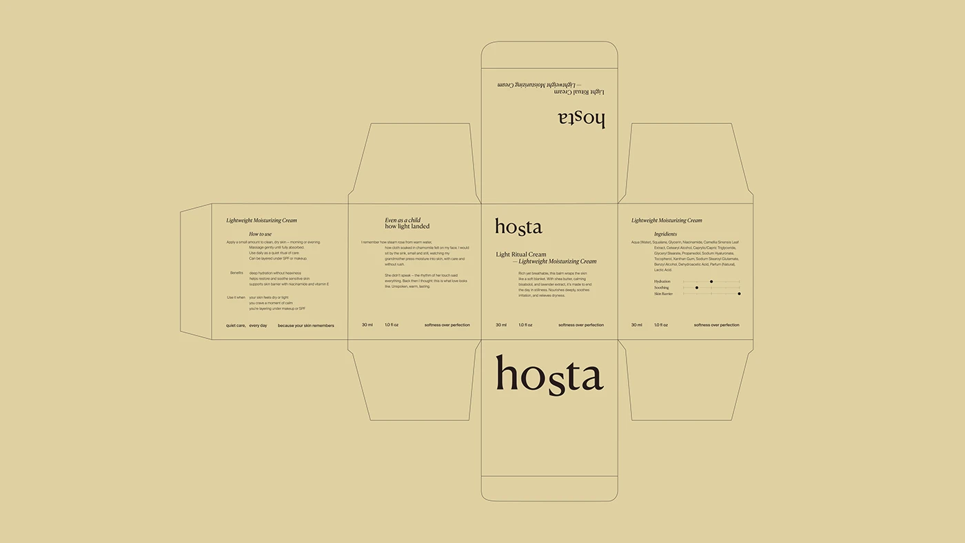 Hosta skincare packaging dieline showing full flat layout of cream carton with ingredient panels, typography hierarchy, and structural packaging design by Anastasiia Mironova.