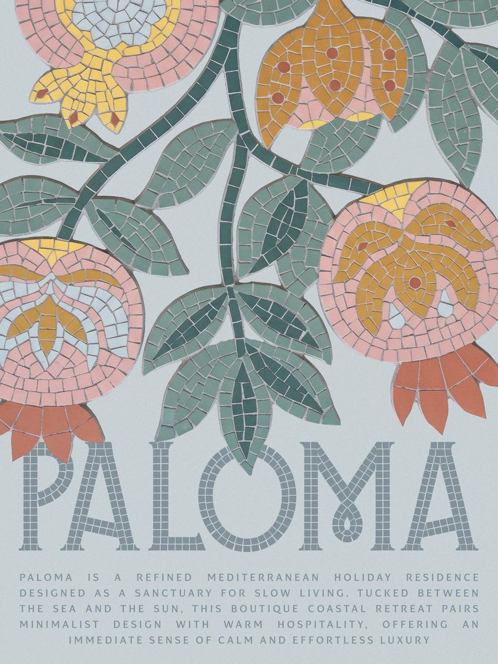Paloma hospitality branding with mosaic-style floral illustrations, soft blue background, and large tiled Paloma wordmark for a Mediterranean resort identity by studio.seqoya.