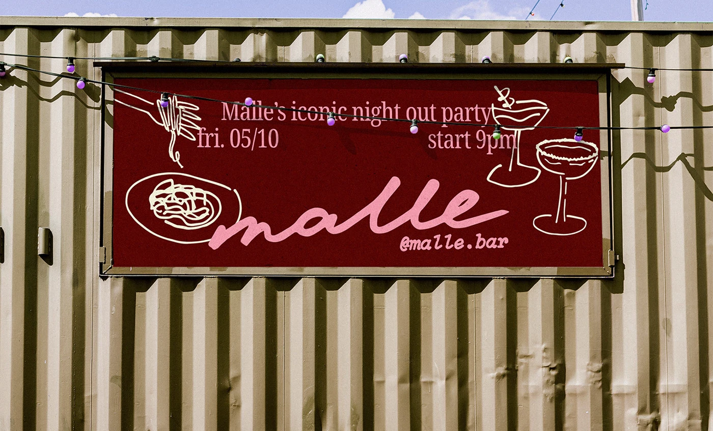 Exterior signage design for Mallé cocktail bar and café featuring illustrated cocktail icons, event details, and the handwritten logo on a burgundy banner.