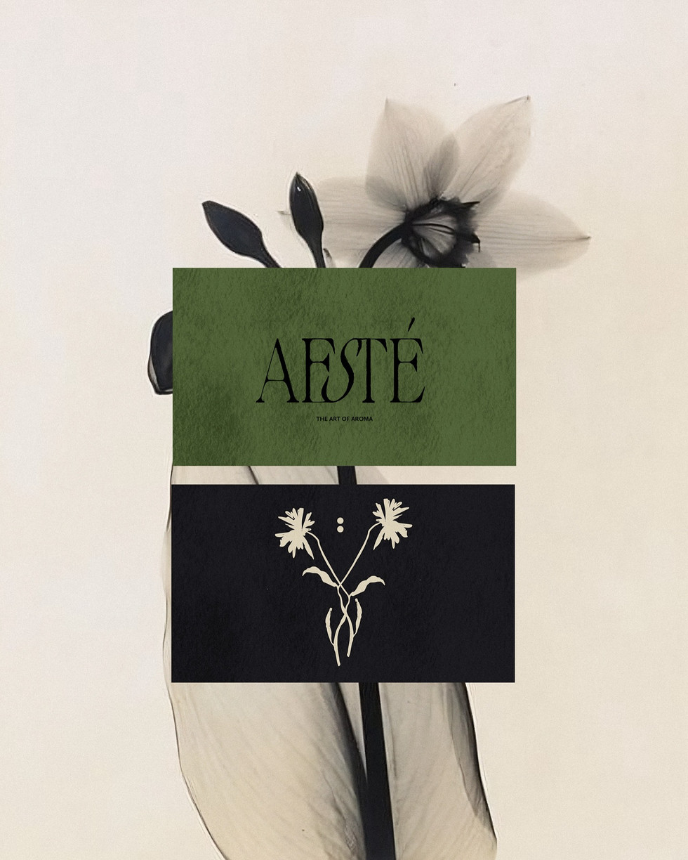 AESTÉ home fragrance brand identity by studio_blk featuring the minimalist logotype and floral emblem over a soft botanical background, showcasing the project’s refined visual style.