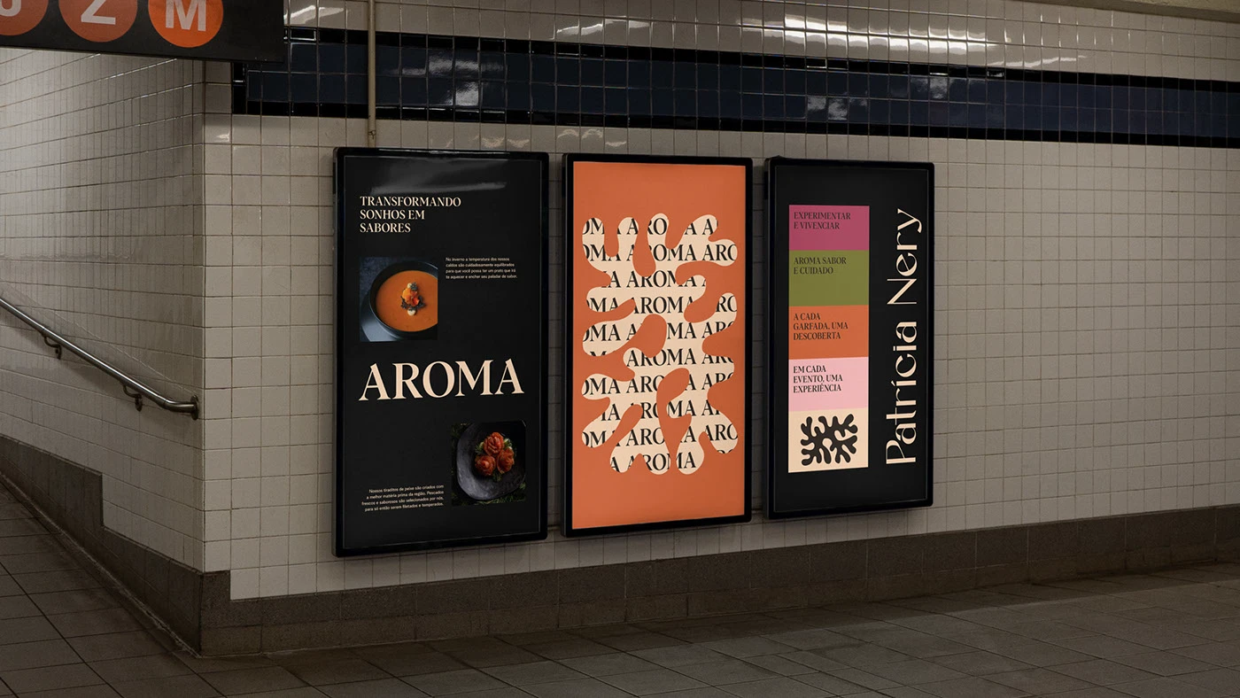 "Patrícia Nery chef brand identity subway poster series with editorial typography, modern culinary photography, organic abstract shapes, and bold color blocking.