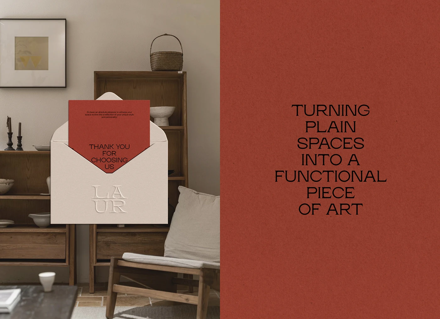Laur Interior Design Studio thank-you card and embossed envelope design by Yana Vision, blending tactile branding, terracotta accents, and minimalist typography for a refined client experience.