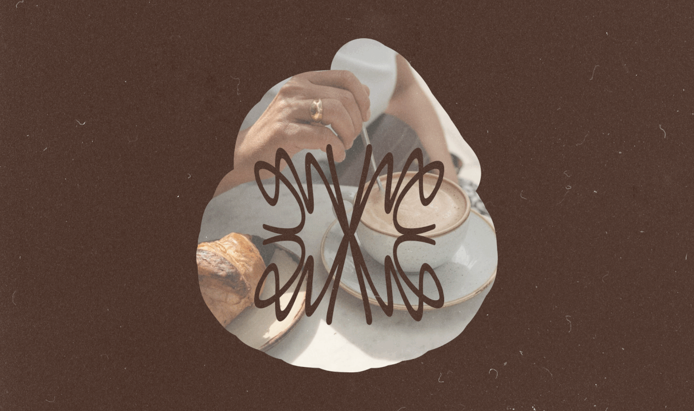 Mon Chou’s illustrated monogram overlaid on a cutout revealing a cozy café scene with coffee and pastries, blending branding with lifestyle imagery.