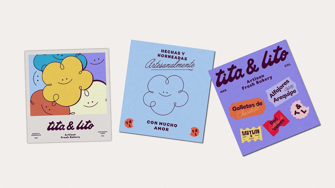 Set of illustrated bakery cards for Tita & Lito featuring smiling cookie characters, pastel color palette in lavender, butter, and sky blue, and hand-drawn typography reflecting joyful, modern nostalgia design trends.