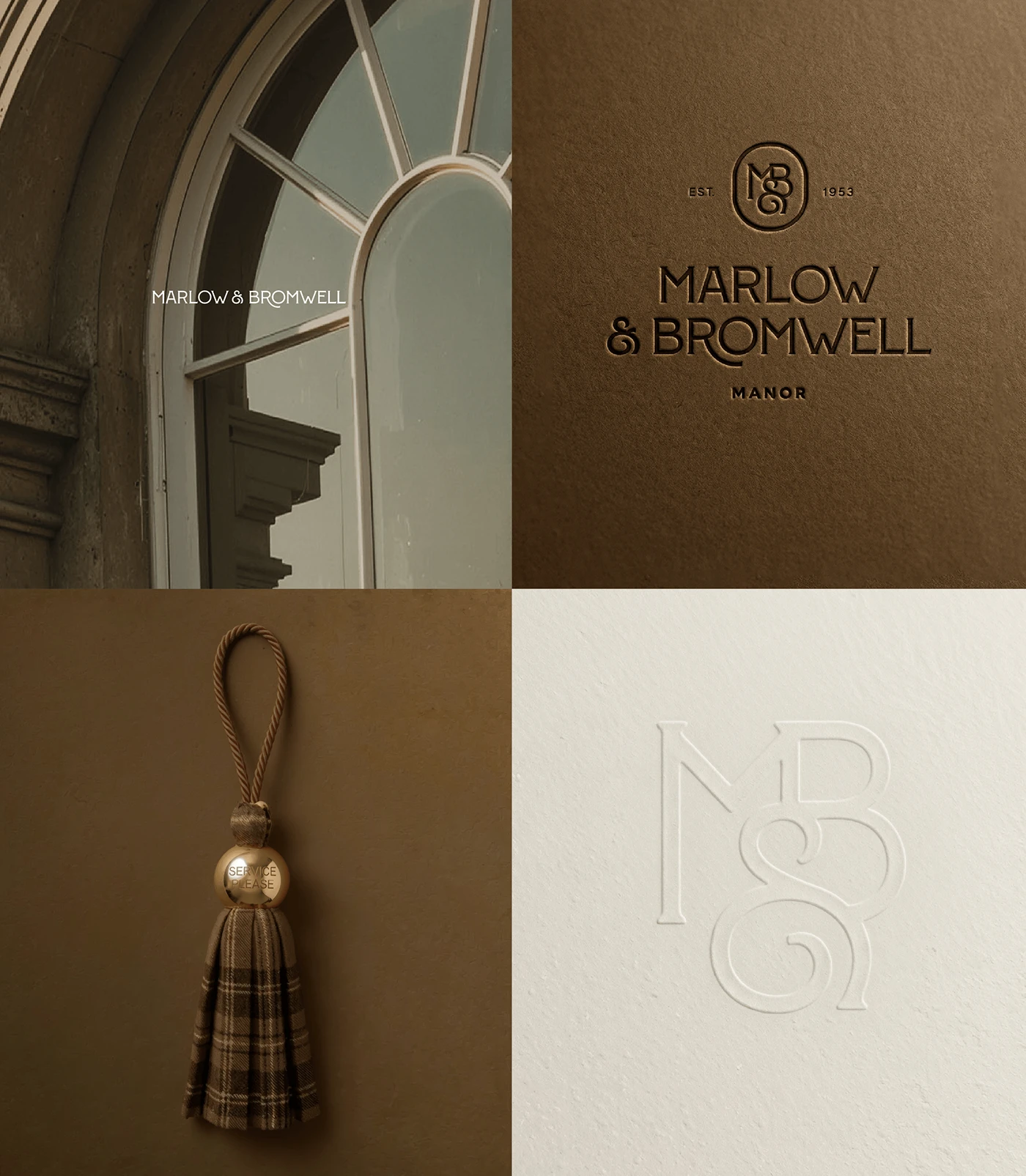 Marlow & Bromwell Manor brand details collage showing arched window with logo overlay, embossed logo on brown surface, service please tassel key tag, and raised monogram on white paper