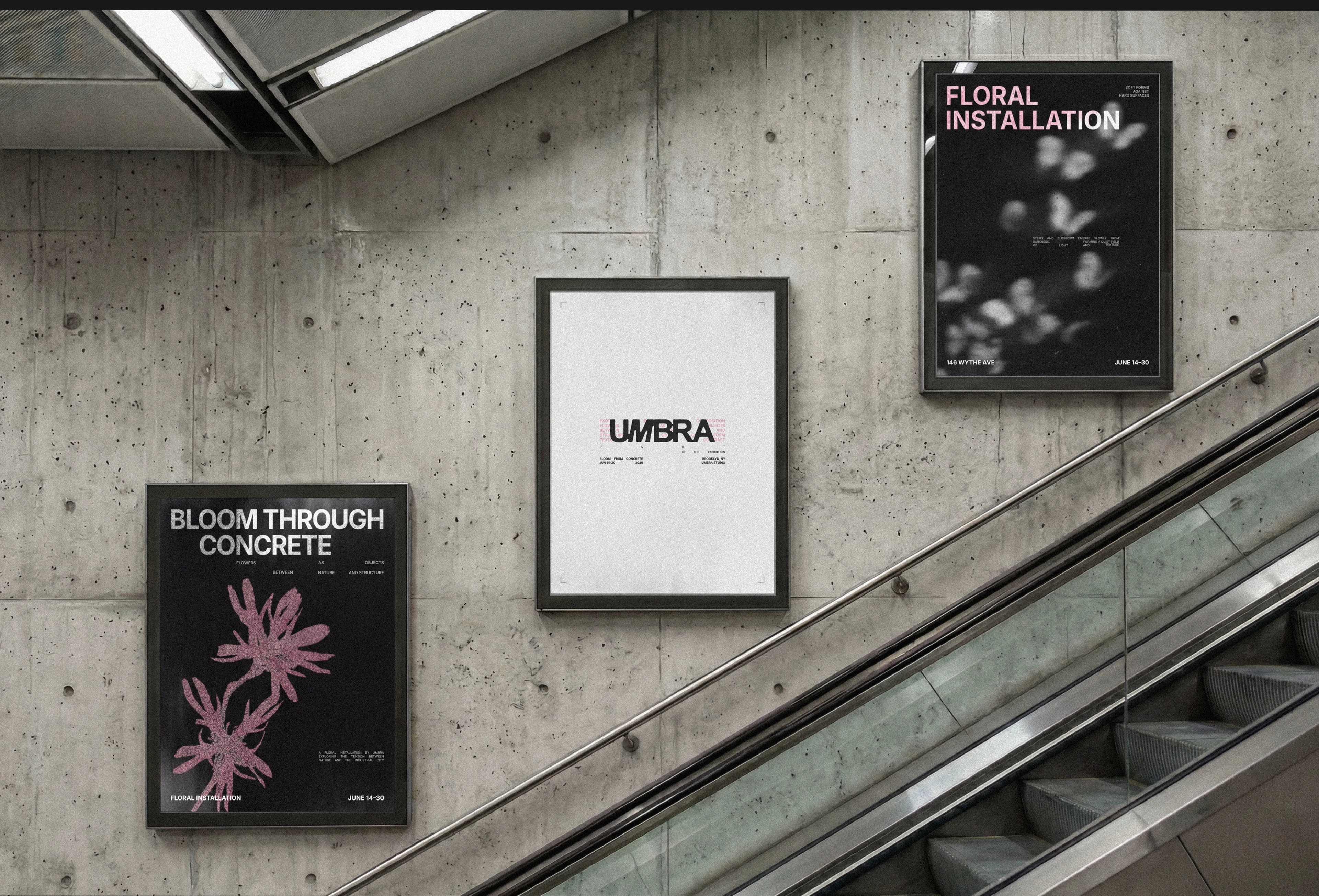 UMBRA poster design series displayed on a concrete wall beside an escalator, featuring floral installation graphics, bold typography, and a raw architectural setting.