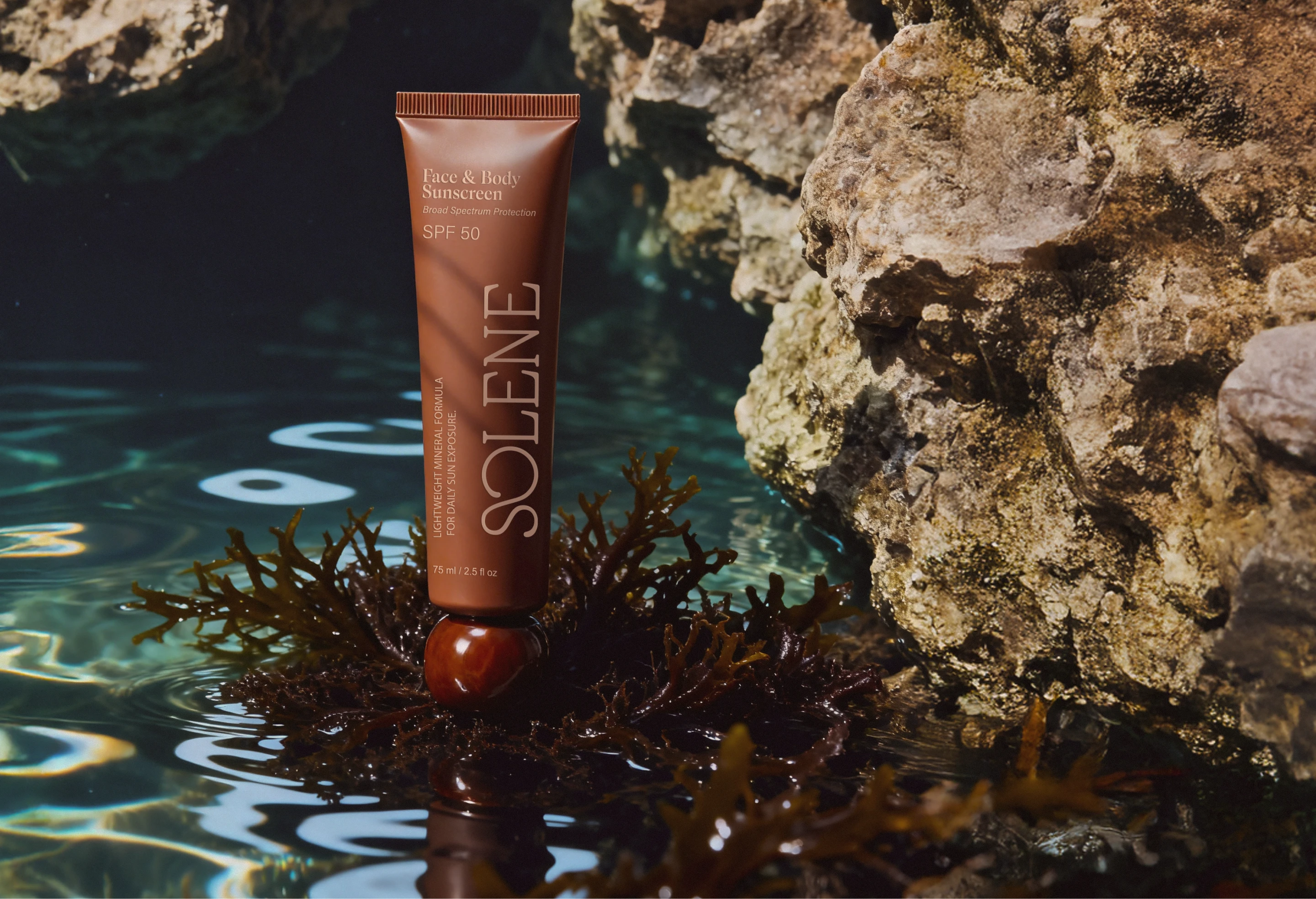 Solene SPF face and body sunscreen tube displayed near water, rocks, and seaweed, showing the brand’s earthy coastal skincare packaging direction.