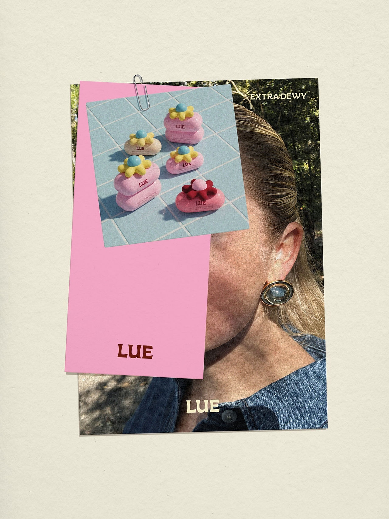 Layered LUE campaign collage featuring a pink logo card, beauty lifestyle photography, and a clipped product image of sculptural collagen cosmetic vessels.