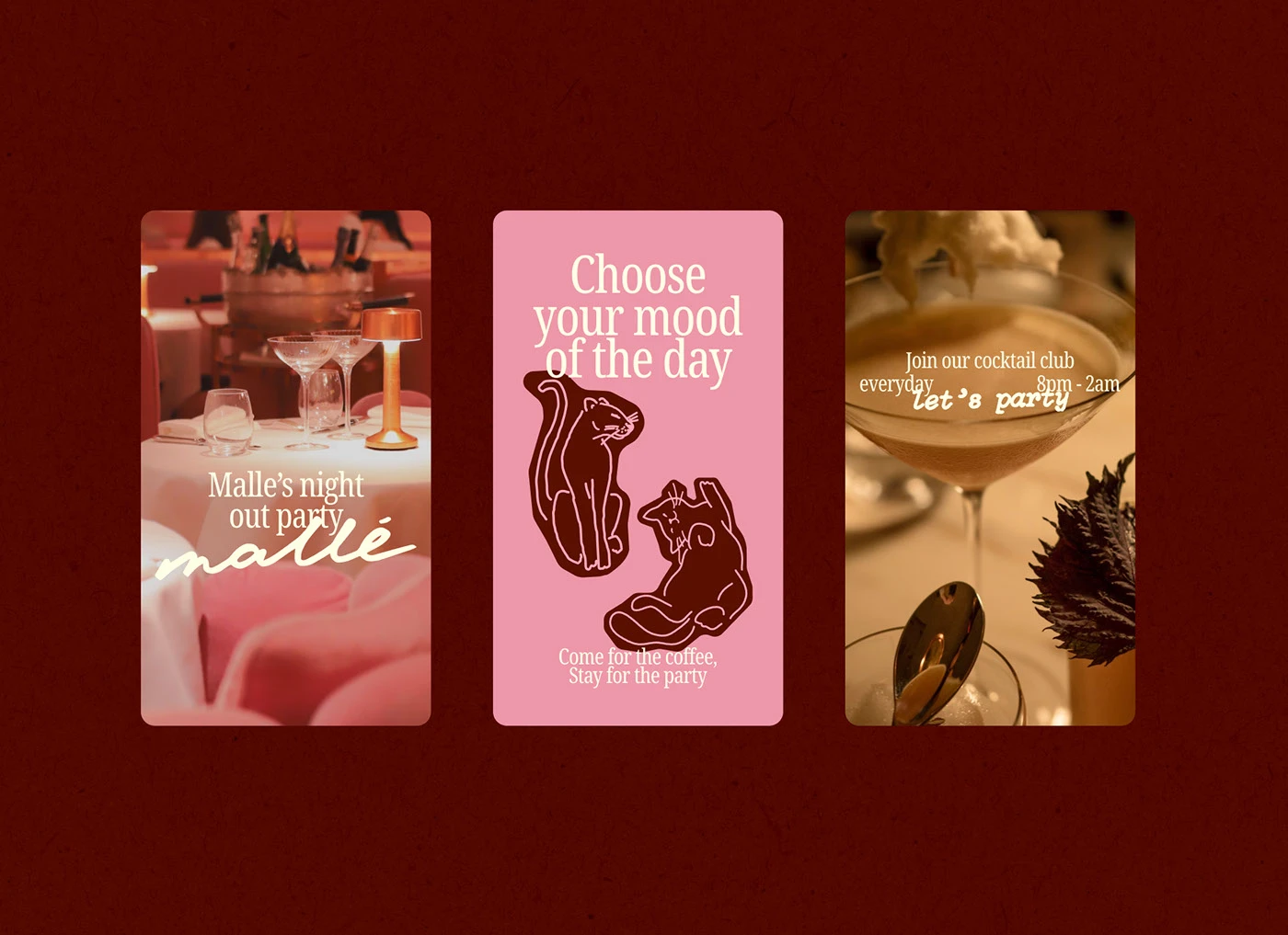 Mallé social media and promotional graphics featuring cocktail imagery, illustrated cat mascot, and playful typography representing different moods of the day.