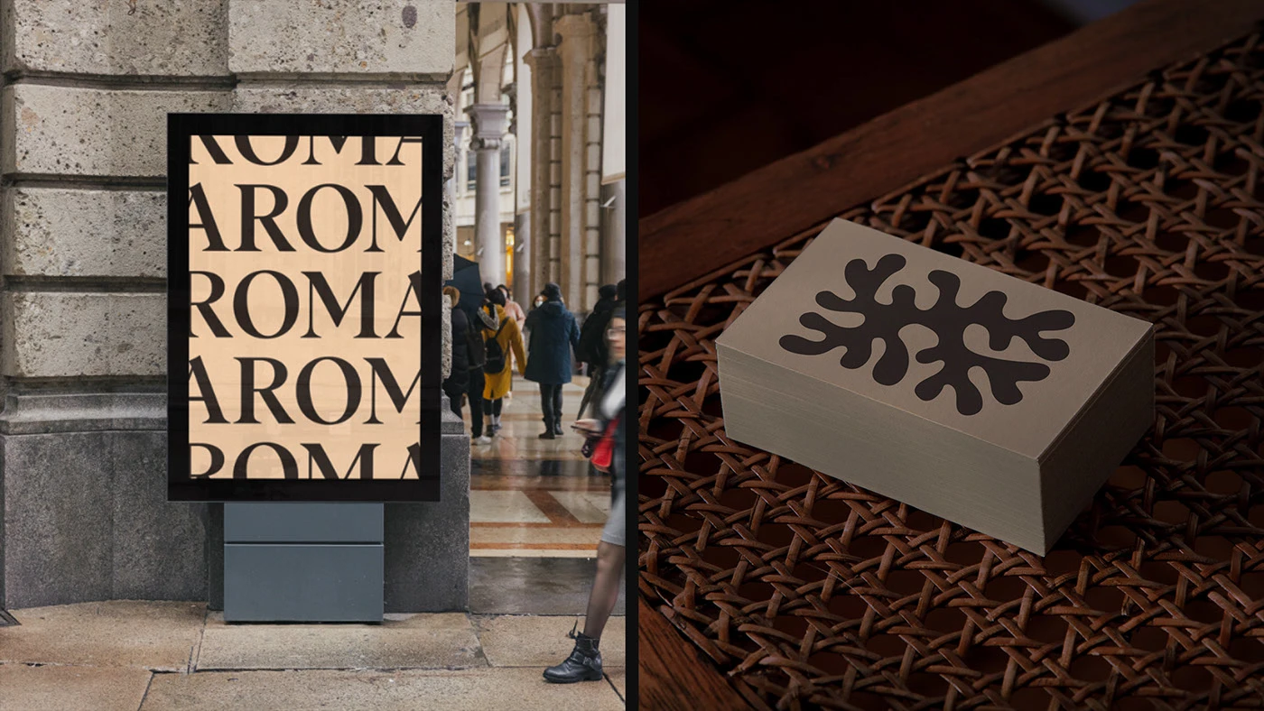Patrícia Nery culinary chef brand identity design featuring outdoor poster with editorial typography and box packaging with organic coral motif, blending modern gastronomy branding with minimalist design.