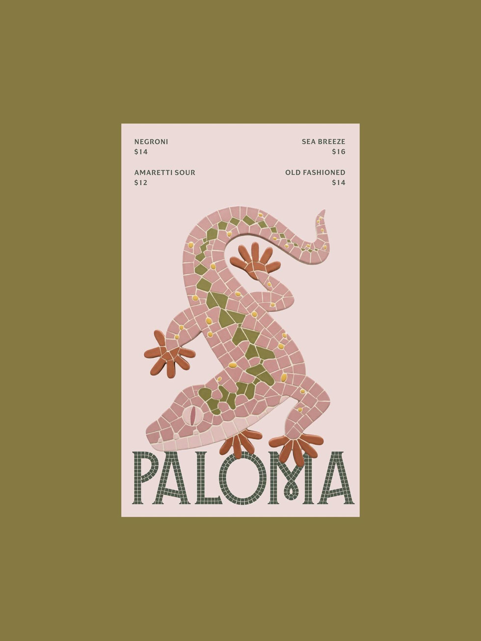 Paloma cocktail menu design on an olive green background, featuring a large mosaic-style lizard illustration, drink names, prices, and tiled wordmark.