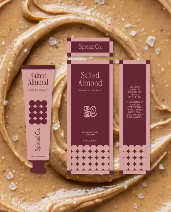 Short video showcasing Spread Co. nut butter packaging design, featuring portable tubes and cartons in multiple flavors with bold colors, geometric patterns, and refined typography.