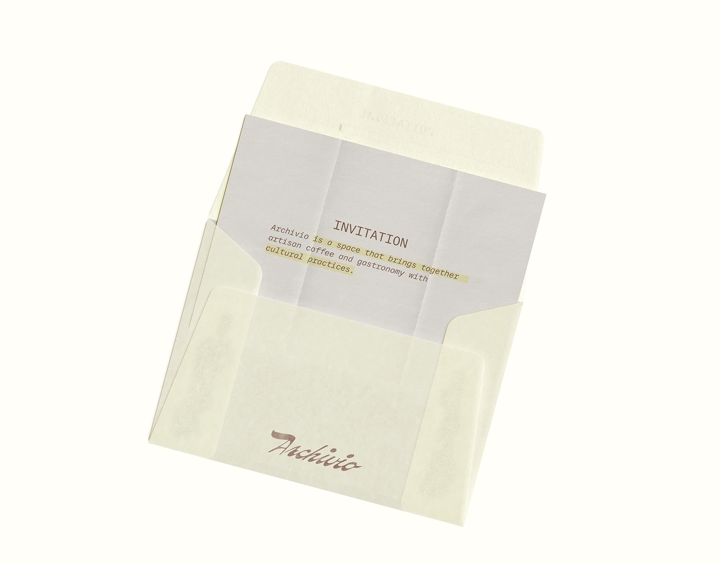 Archivio Coffee Cultura printed invitation card inside pastel envelope featuring highlighted typography and minimalist archival brand layout.