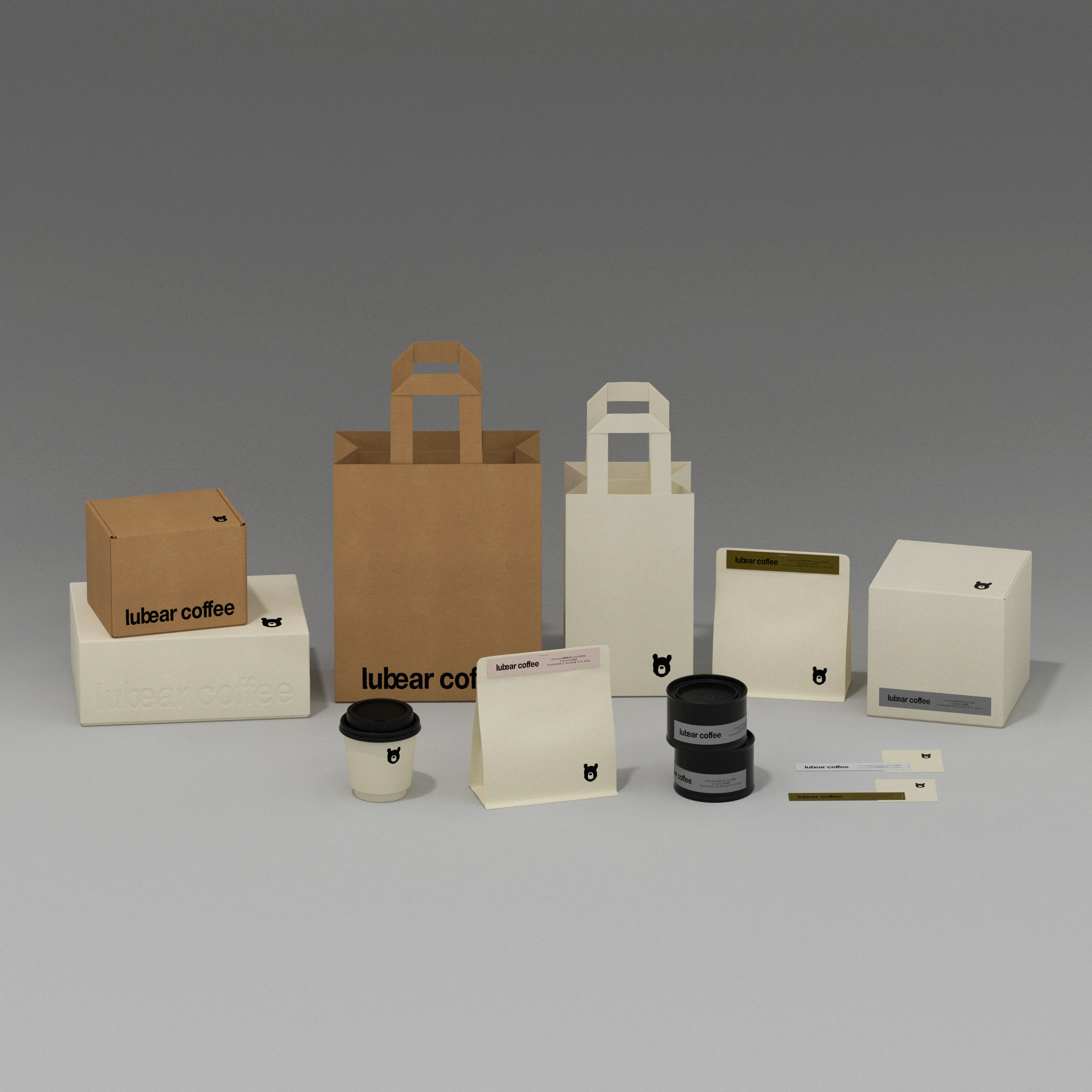 Full Lubear Coffee minimalist brand identity system by taoSTUDIO, featuring coffee packaging, paper bags, product boxes, cup design, labels, stationery, and moon bear logo in a warm neutral palette.