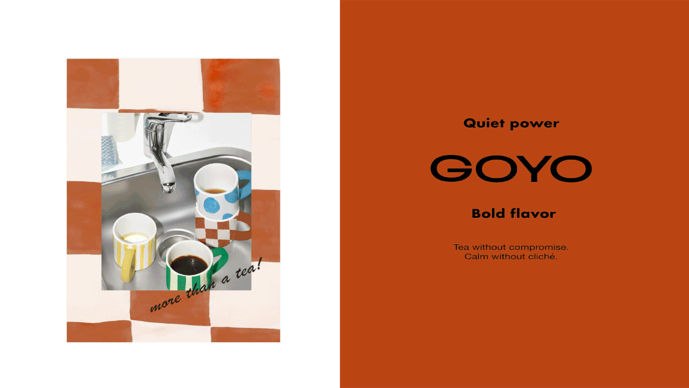 Editorial layout for Goyo Tea with bold typography and mugs featuring patterned designs, blending minimalist packaging with playful lifestyle presentation