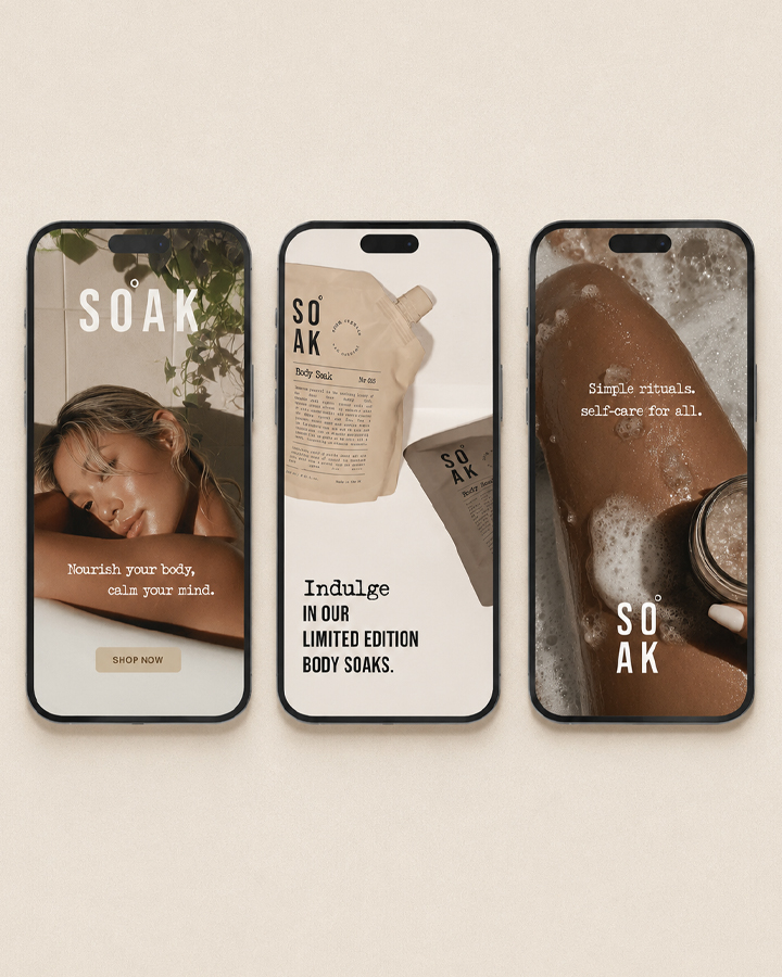 Three phone mockups showing Soak skincare campaign visuals with product photography, body care messaging, and minimalist logo typography.