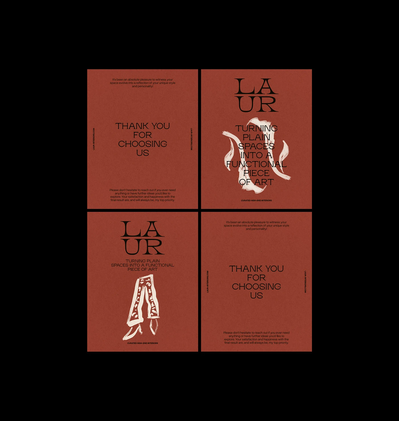 Laur Interior Design Studio printed materials and thank-you cards in terracotta, designed by Yana Vision with refined typography and minimalist luxury branding for high-end interiors.