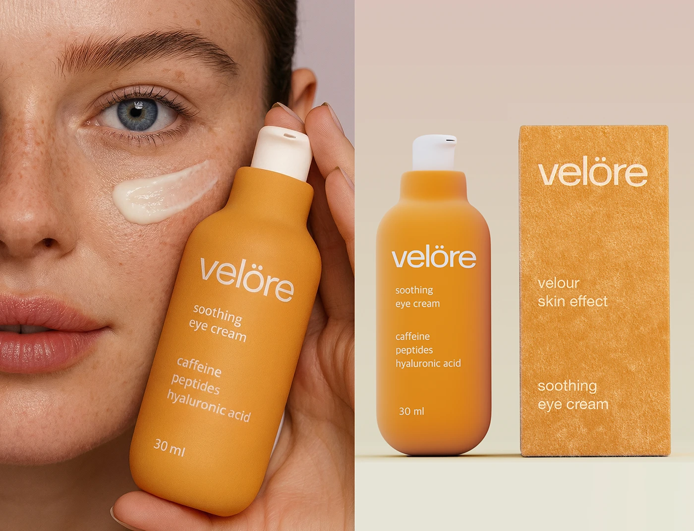 Velöre soothing eye cream packaging shown in a split layout with a model holding the orange bottle beside the matching bottle and textured product box.