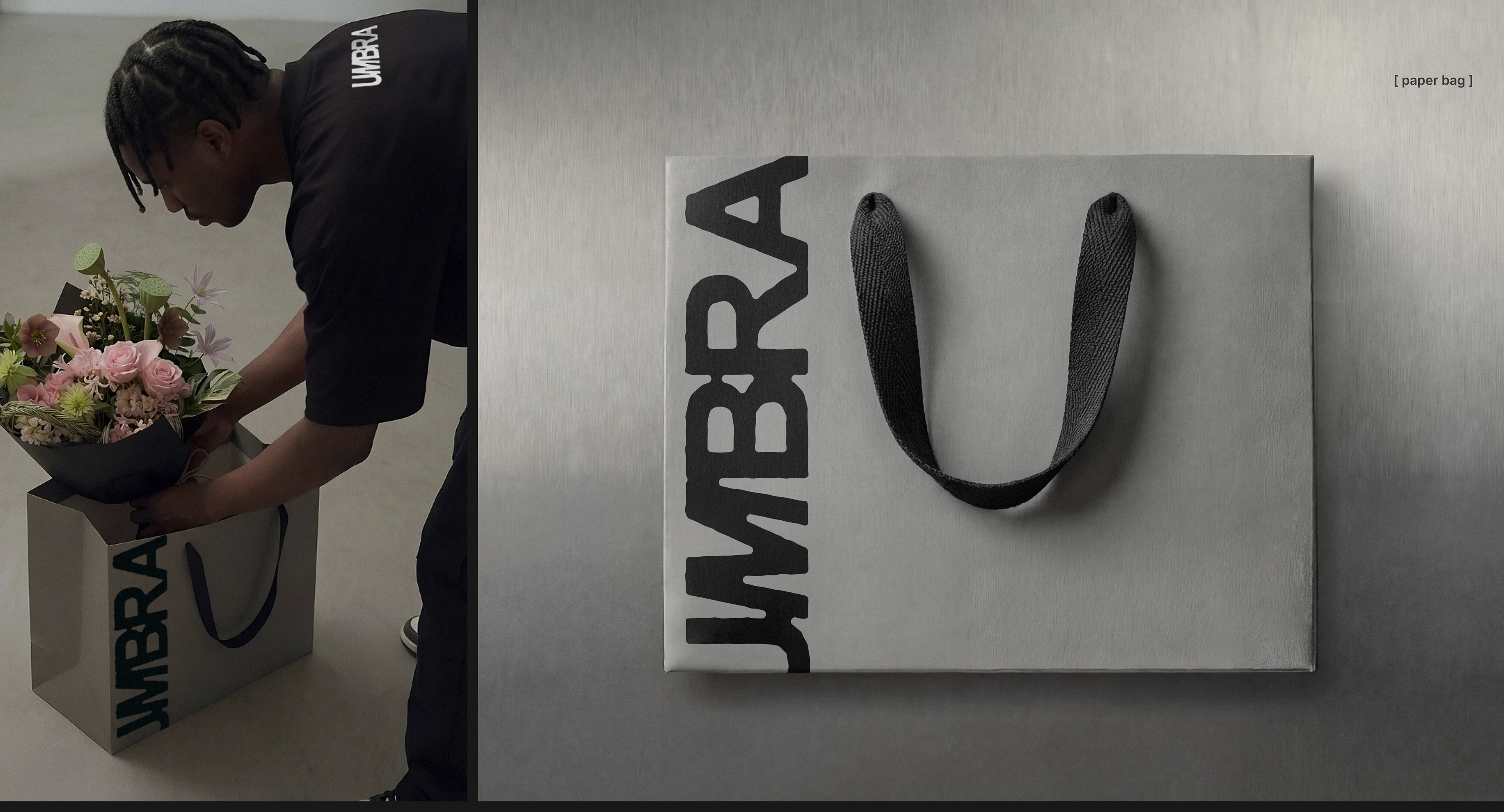 UMBRA floral brand identity paper bag shown beside a person arranging flowers, with a gray textured shopping bag, black rope handles, and a bold vertical logo application.