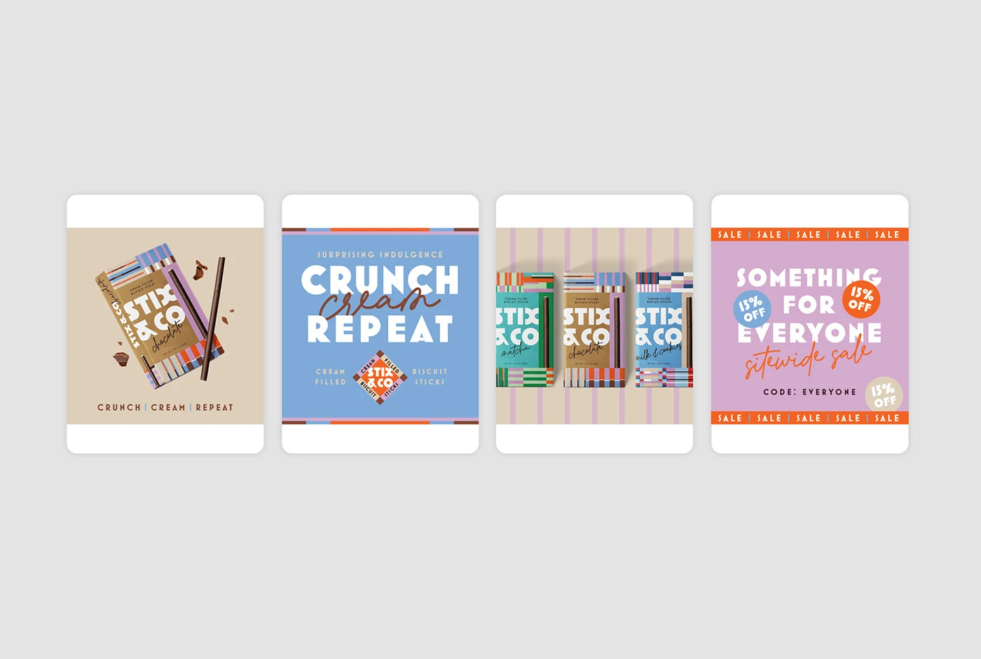 A row of four vertical graphic layouts for the STIX & CO brand identity. The designs include product photography with "CRUNCH | CREAM | REPEAT" typography, a "Surprising Indulgence" brand card, a layout of the three color-coded flavor variants, and a "Something for Everyone" sitewide sale advertisement in a soft purple and orange palette.