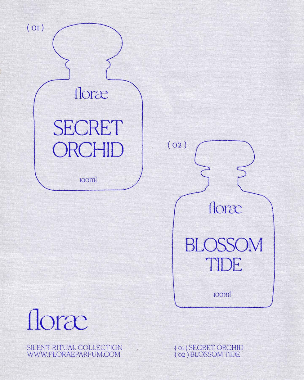 Line drawing of Florae perfume bottle silhouettes and label layout, illustrating the brand’s packaging proportions and visual system design.