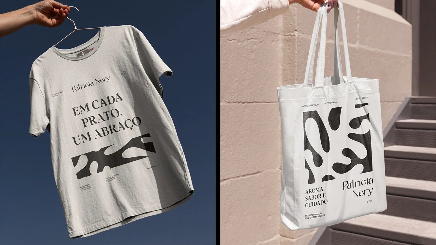 Patrícia Nery culinary chef brand identity applied to merchandise including a white t-shirt with editorial typography and a tote bag featuring bold organic shape graphics.