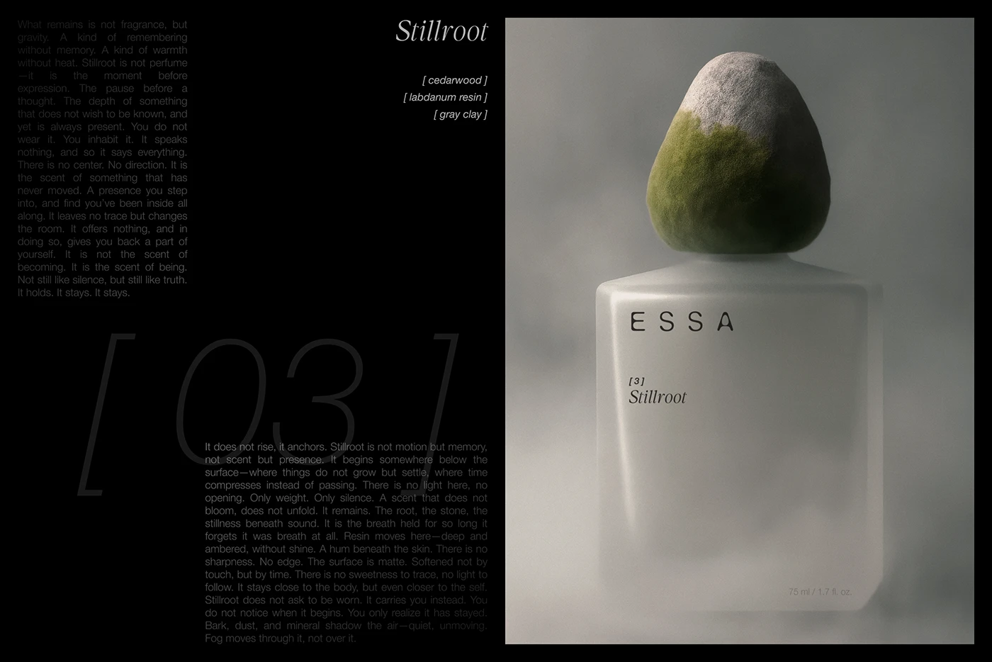 ESSA Stillroot perfume product photography with soft mist lighting and sculptural stone cap — luxury fragrance branding and minimalist bottle design trend.